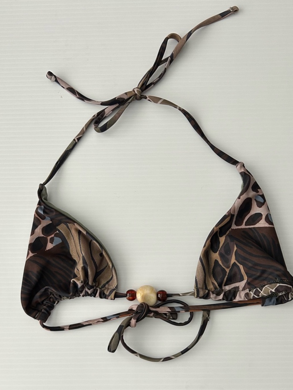 Musera Animal Print Triangle String Bikini Top Beaded String Halter Tie Sz L